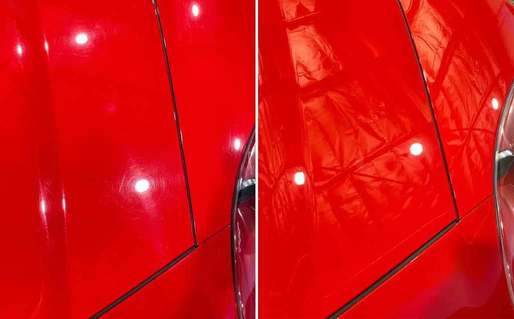 Before & After image of paint correction and swirl removal on a car with red paint.