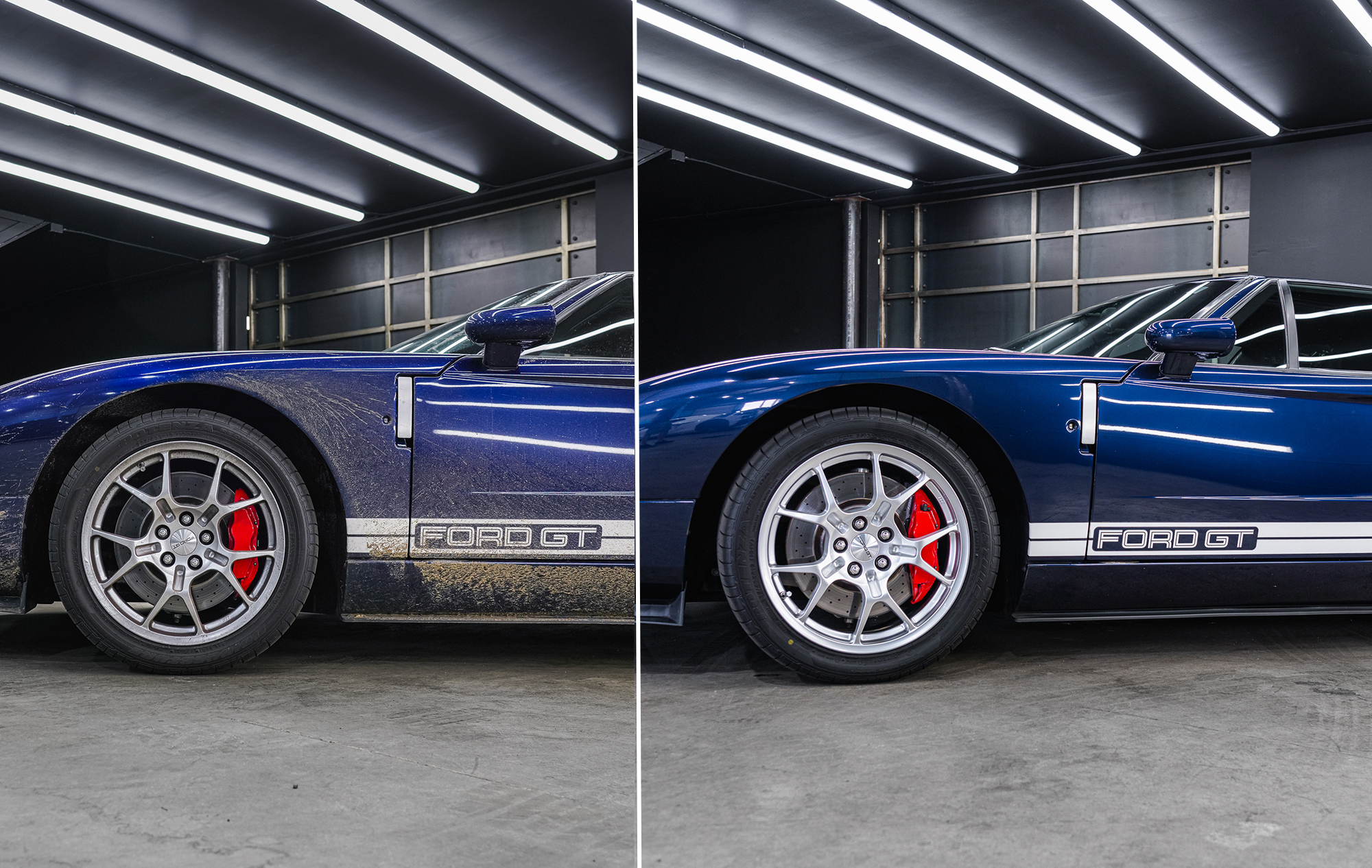 Before and After photos side by side of Ford GT that received an Elite Wash Detail.