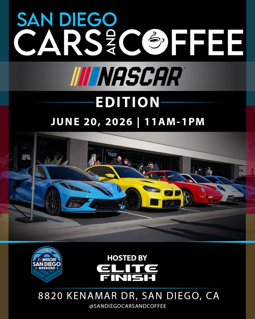 NASCAR San Diego Cars & Coffee event June 20, 2026 at Elite Finish.